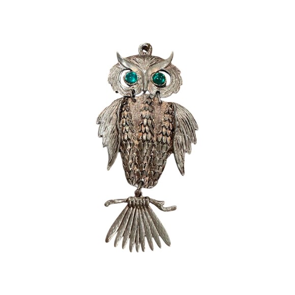 Vintage large owl pendant with stone green eyes silver tone - Picture 1 of 3